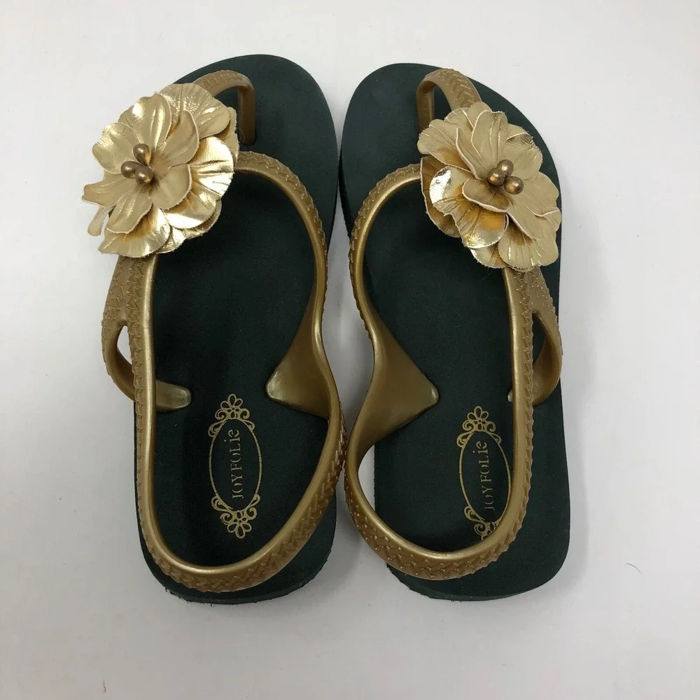 Joy Folie Verena Forest Green Gold Floral Flip Flops Girls 11 12 Sandal